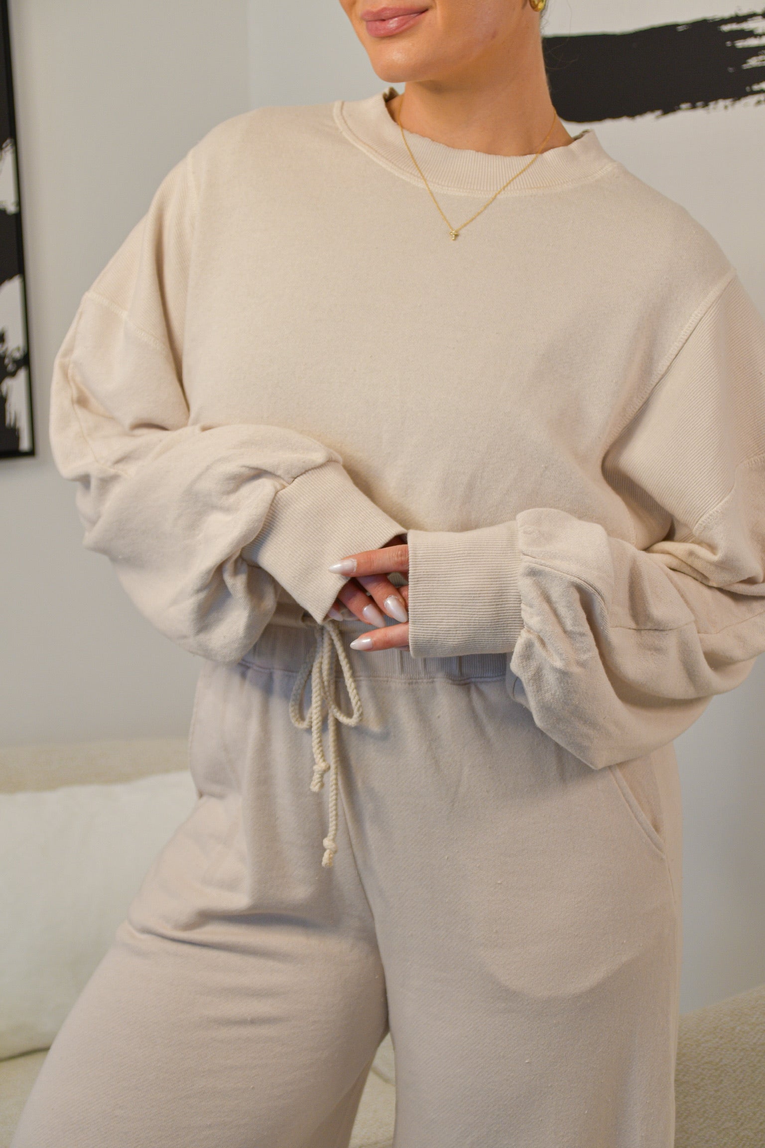 Matching Rib Semi-Cropped Sweatshirt - Cream